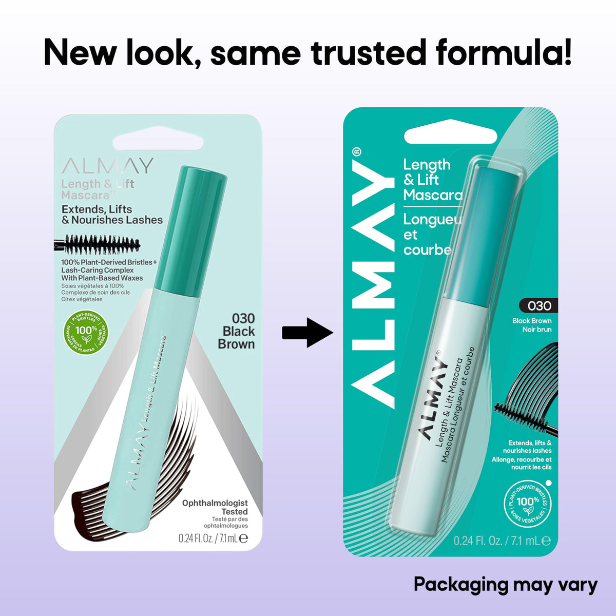 Almay mascara next to coin showing compact 0.24 fl oz size