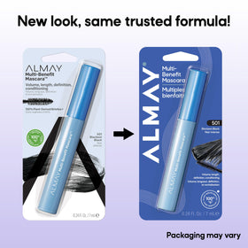 Label detail on Almay mascara tube highlighting hypoallergenic and fragrance-free
