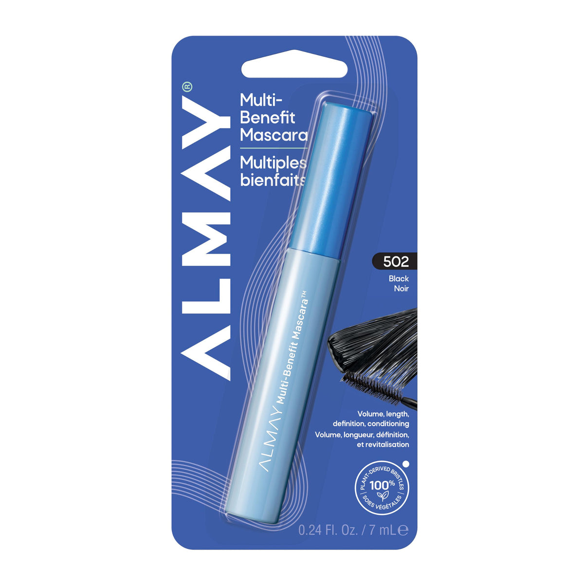Almay Multi-Benefit Mascara front packaging showing shade 502 Black and claims