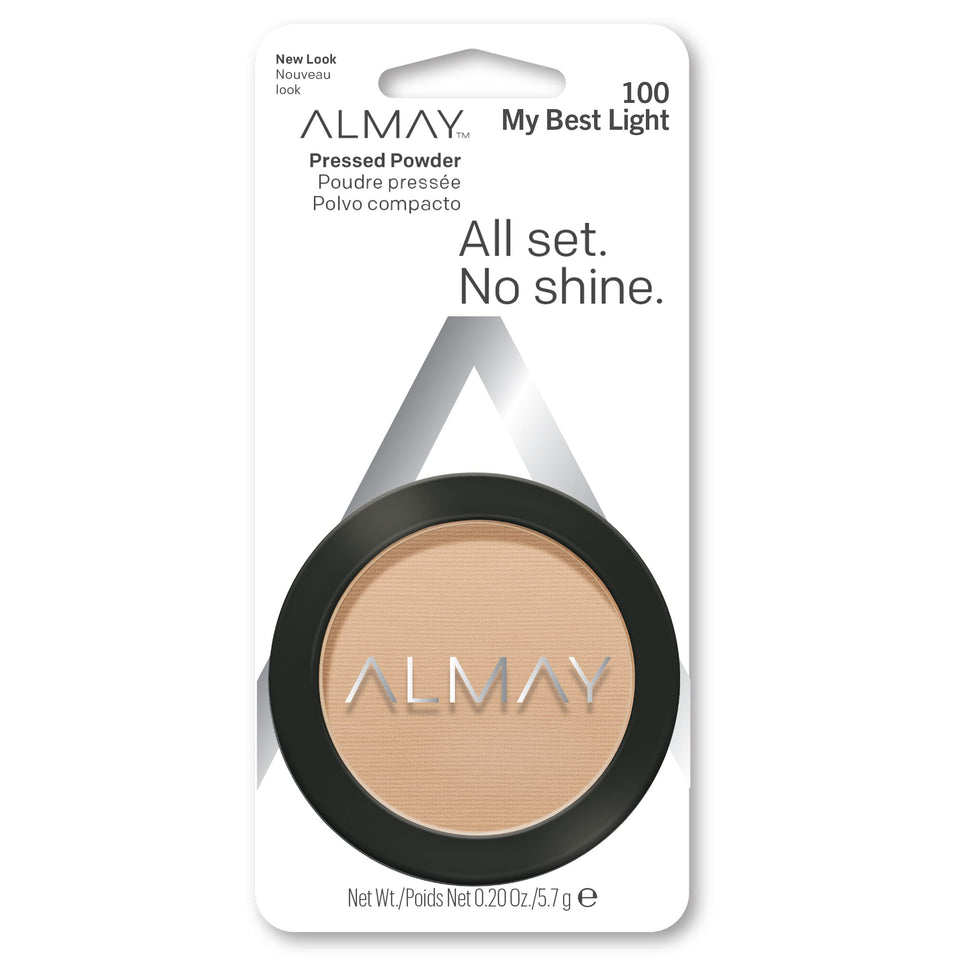 Almay compact front view showing clean packaging and shade labeling benefit portability