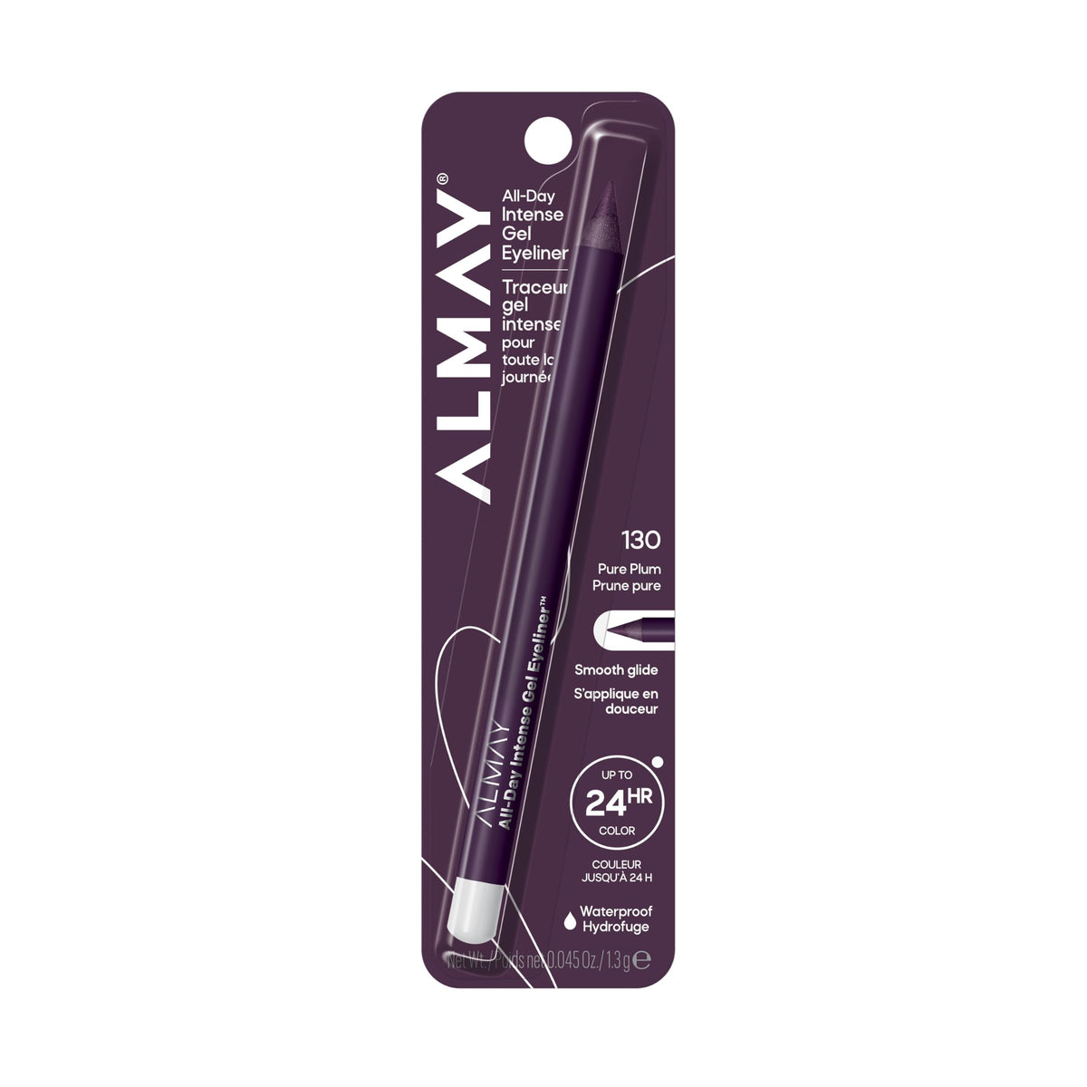 Almay pure plum eyeliner front view showing pencil and cap, clear product identification and benefit