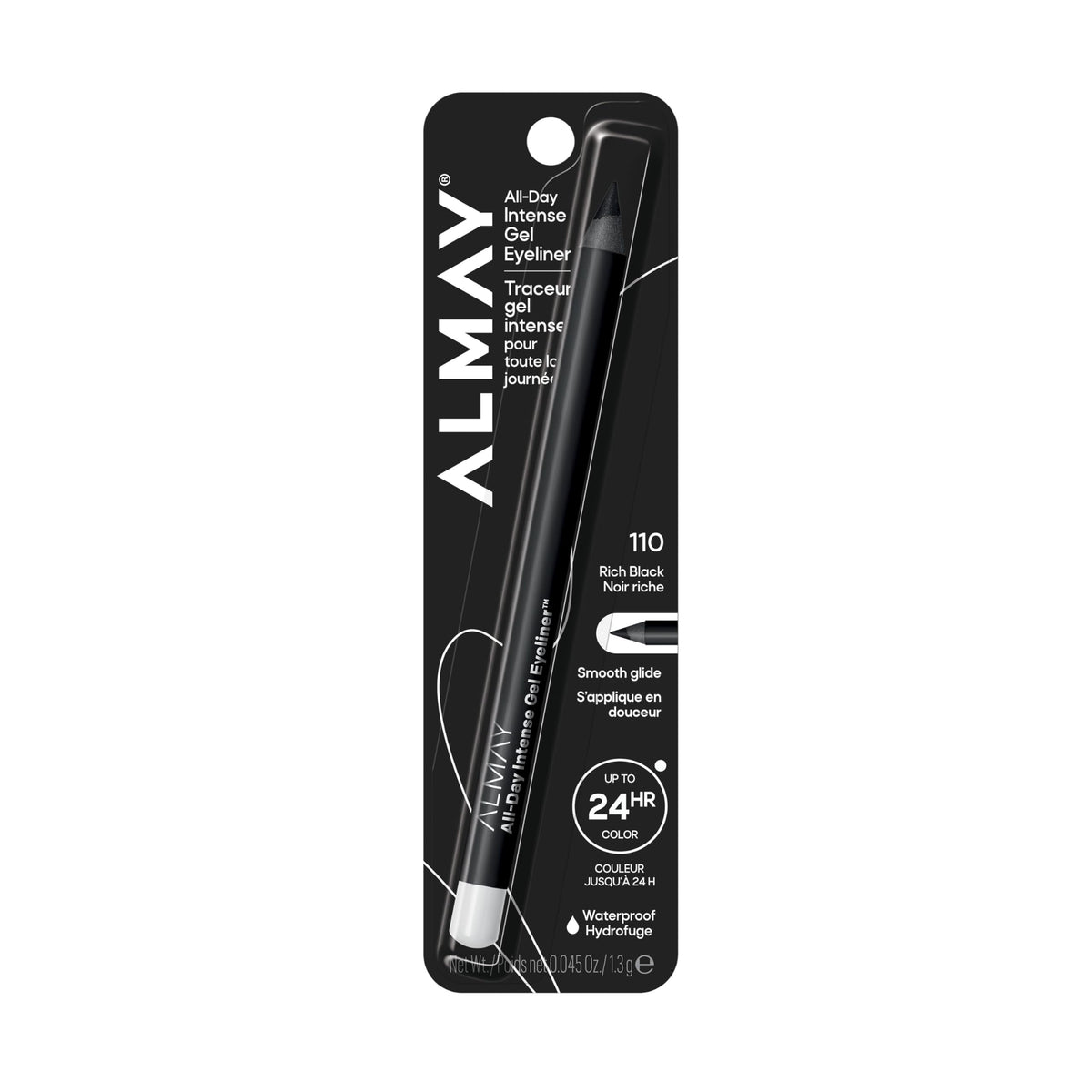 Almay product front packaging showing rich black pencil and branding benefit longwear