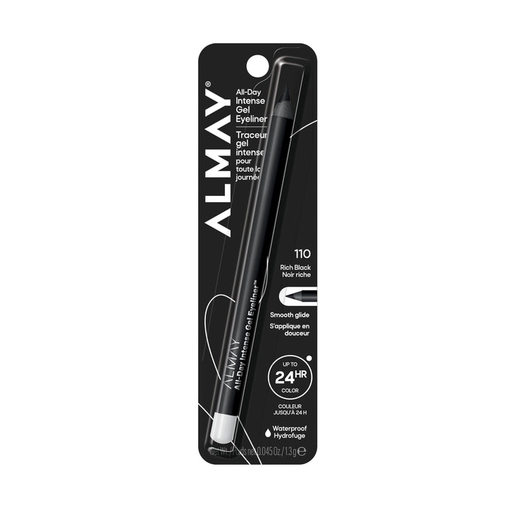 Almay product front packaging showing rich black pencil and branding benefit longwear