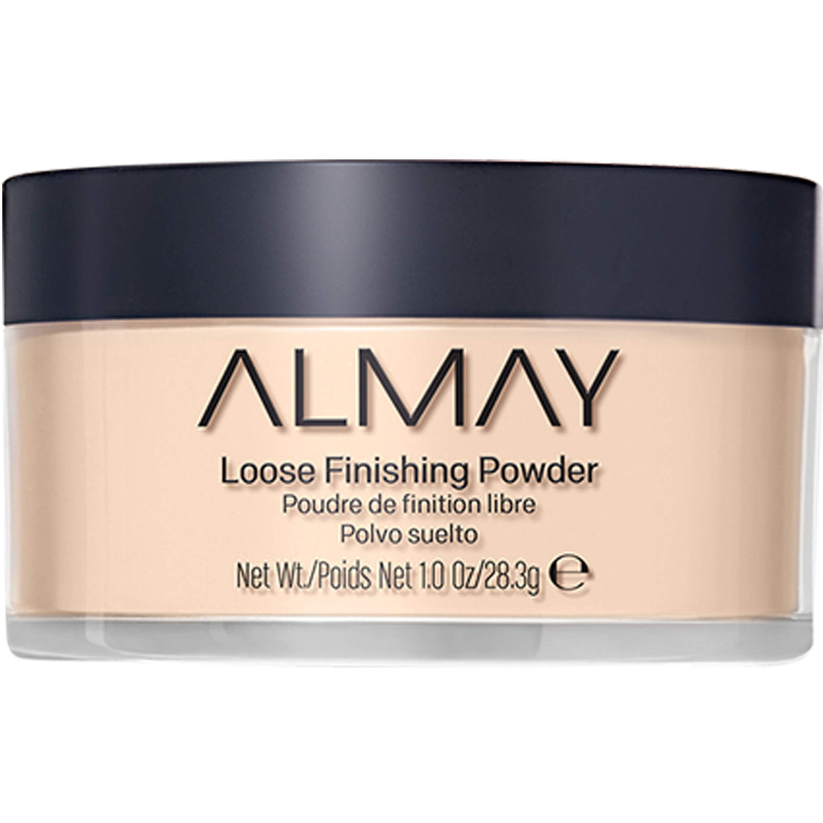 Almay loose powder front packaging showing shade and 1.0 oz benefit: easy identification