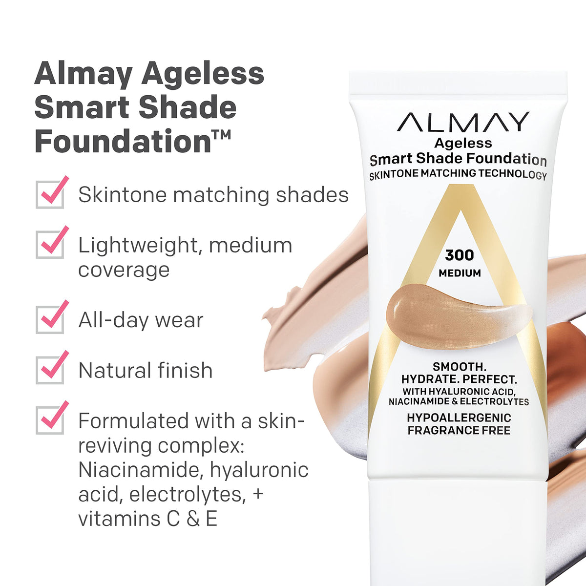 Almay foundation texture droplet on skin showing hydrating hyaluronic benefit