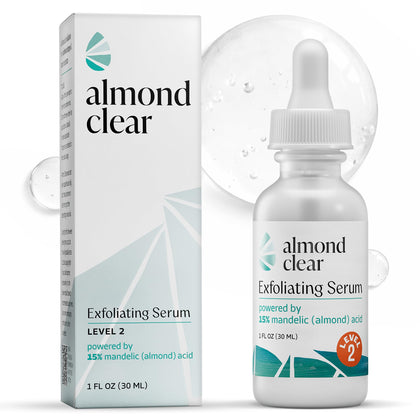 Almond Clear front bottle view showing product and compact size benefit