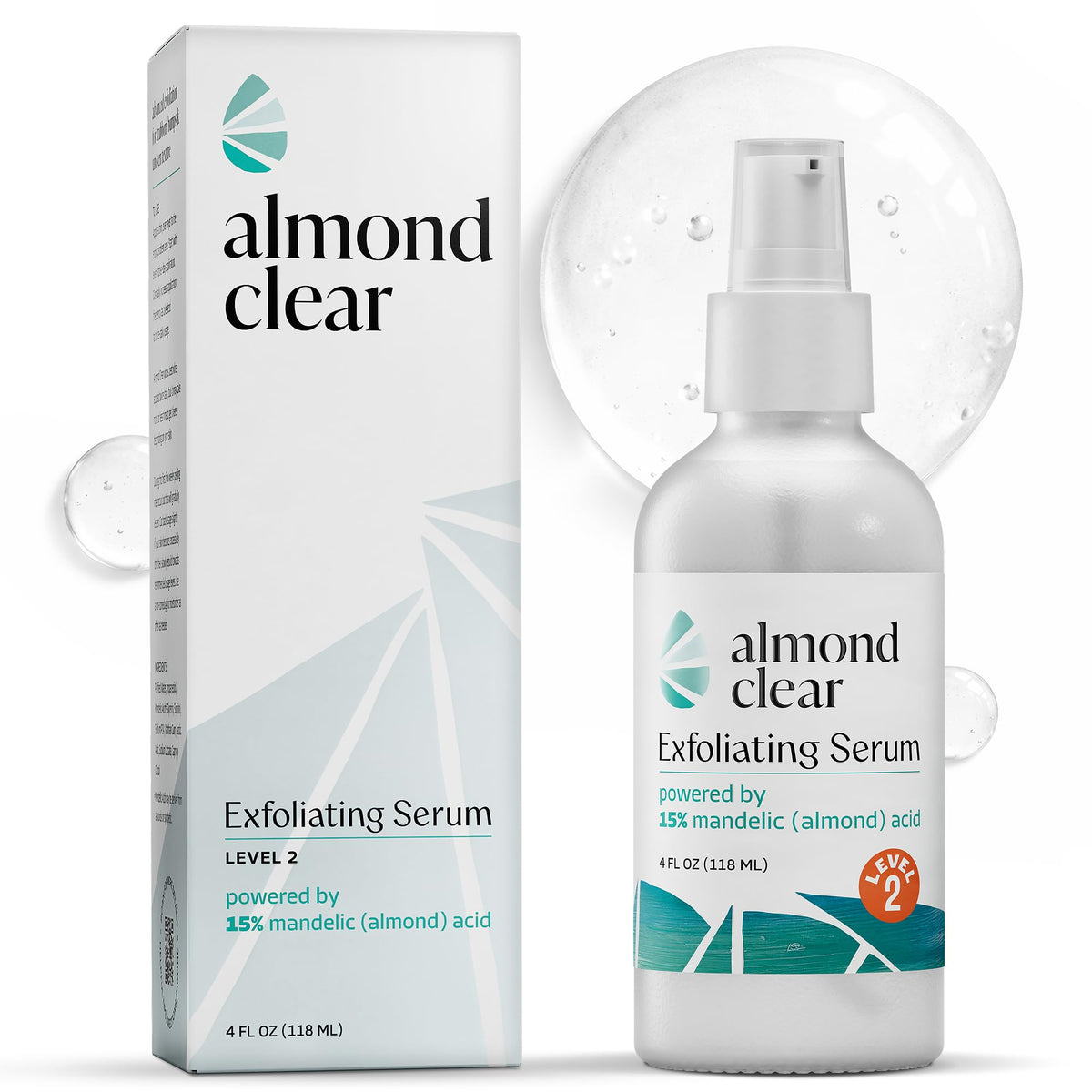 Almond Clear front pump bottle showing product and easy dispensing benefit