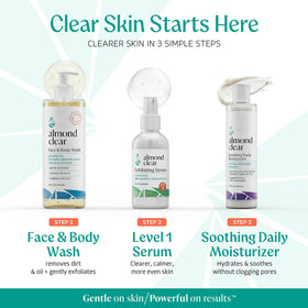 Almond Clear 1 fl oz bottle beside common items for size and travel convenience