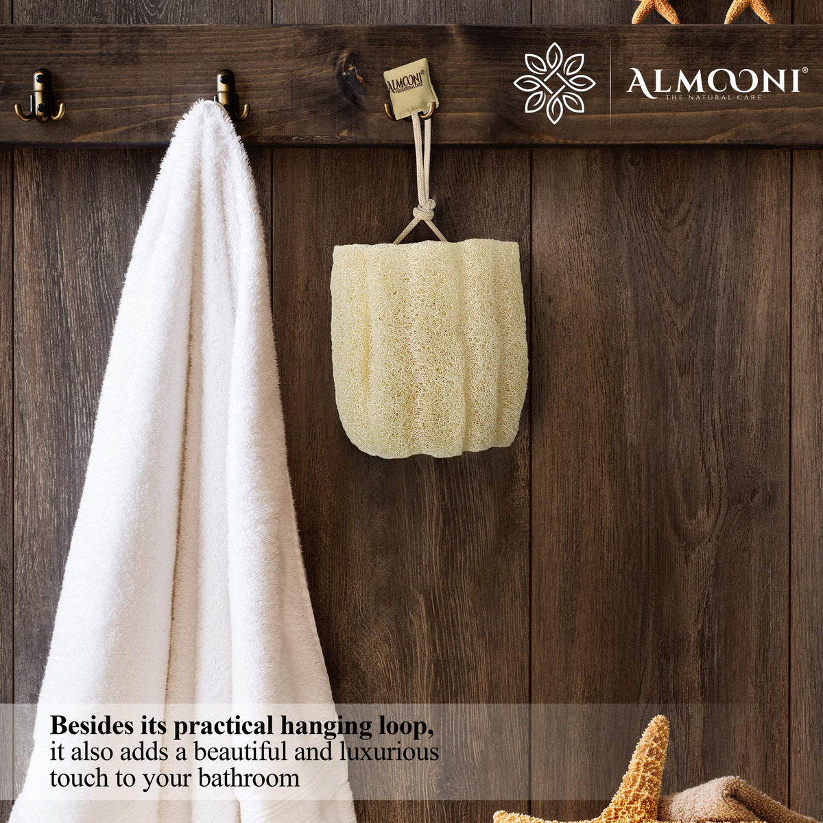 ALMOONI loofah placed in a bathroom scene conveying a relaxing spa benefit