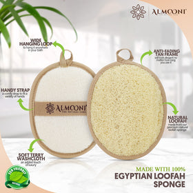 ALMOONI close-up of natural loofah fibers revealing gentle exfoliation texture