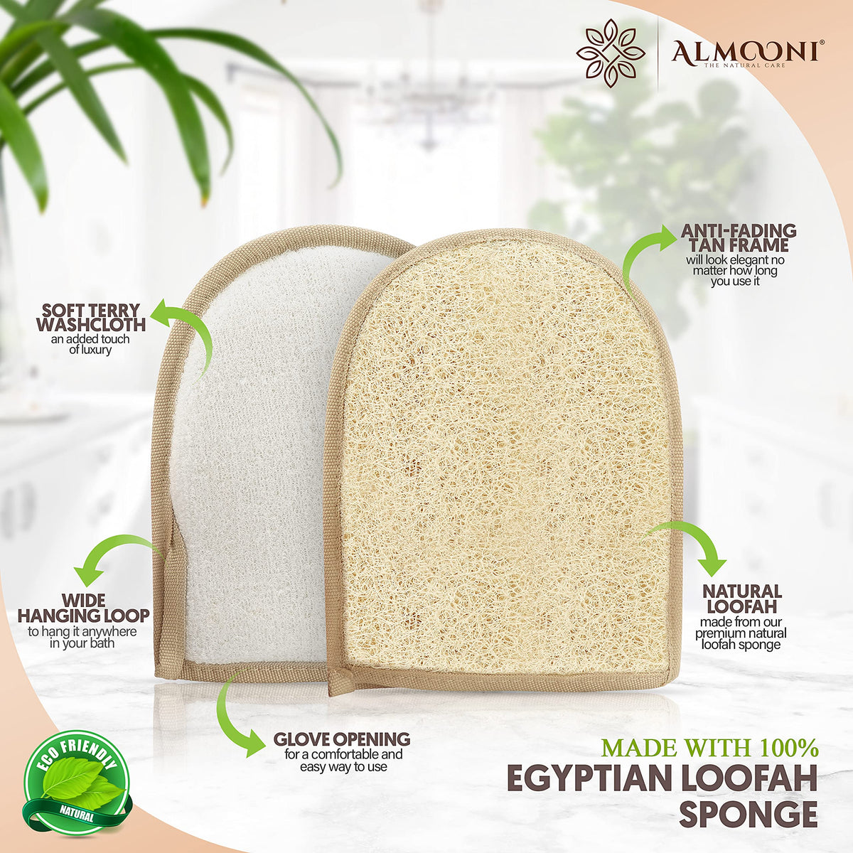 ALMOONI close-up of natural loofah texture revealing gentle exfoliation benefit