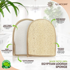 ALMOONI close-up of natural loofah texture revealing gentle exfoliation benefit