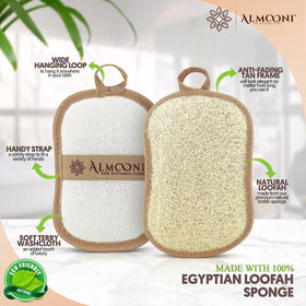 ALMOONI close‑up of natural Egyptian loofa fibers for gentle exfoliation