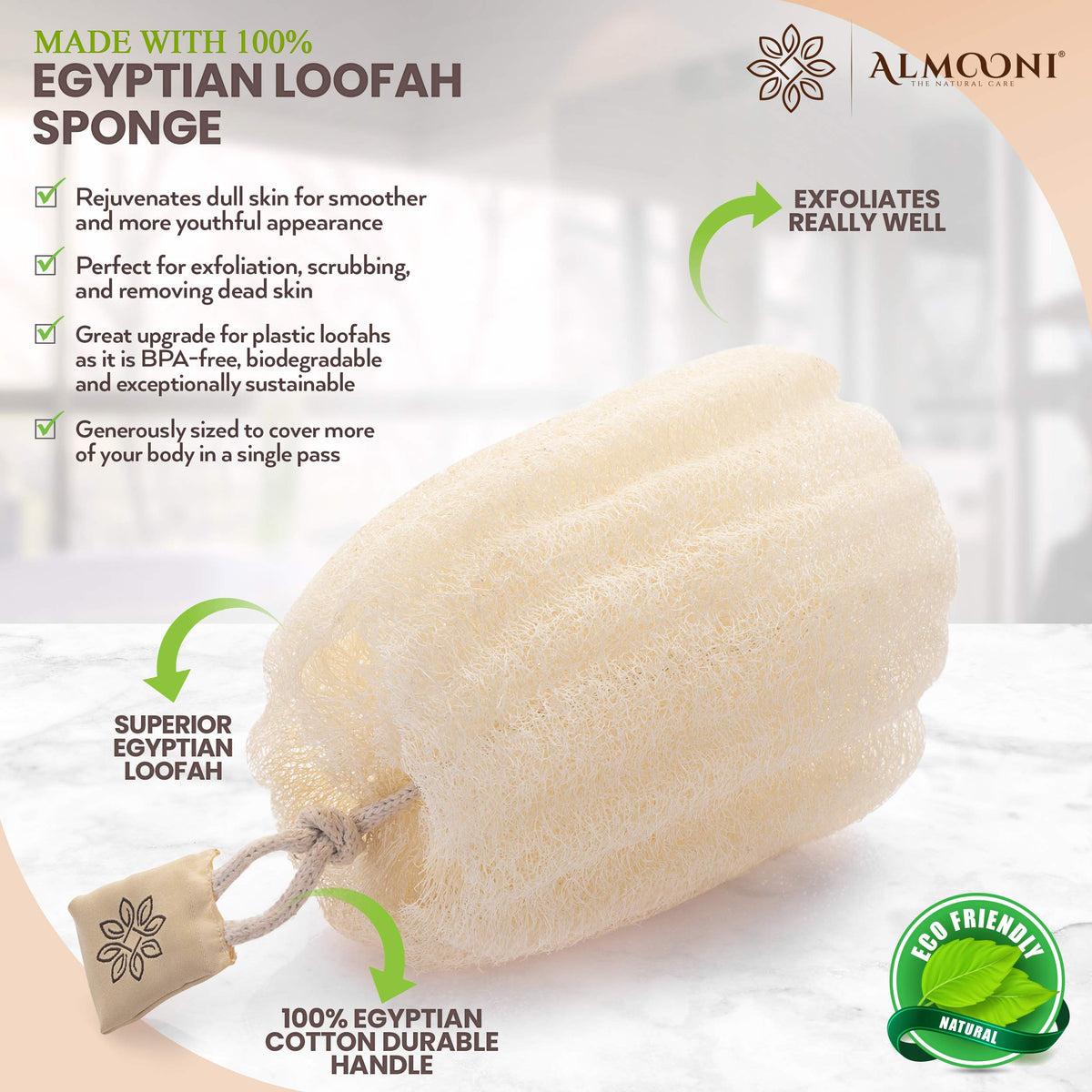 ALMOONI close-up of Egyptian luffa fiber texture highlighting gentle exfoliation