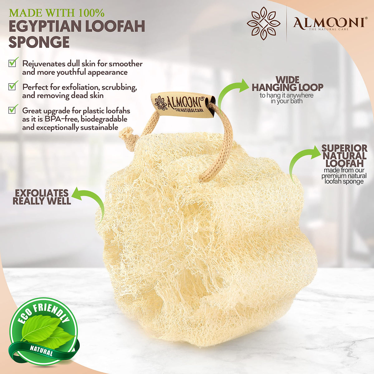 ALMOONI close-up of Egyptian loofah fibers showing gentle texture