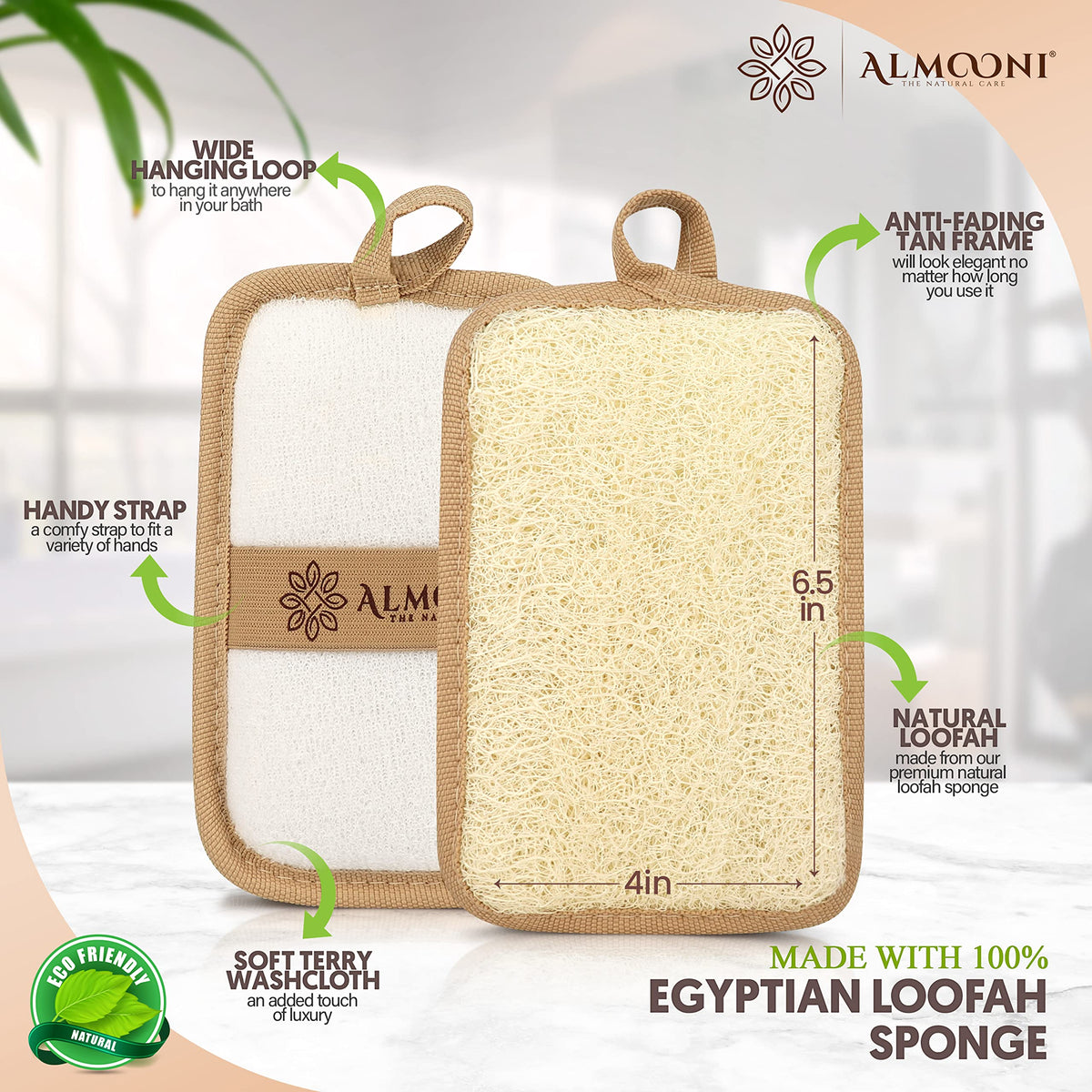 ALMOONI close-up of loofah fibers showing texture that exfoliates gently