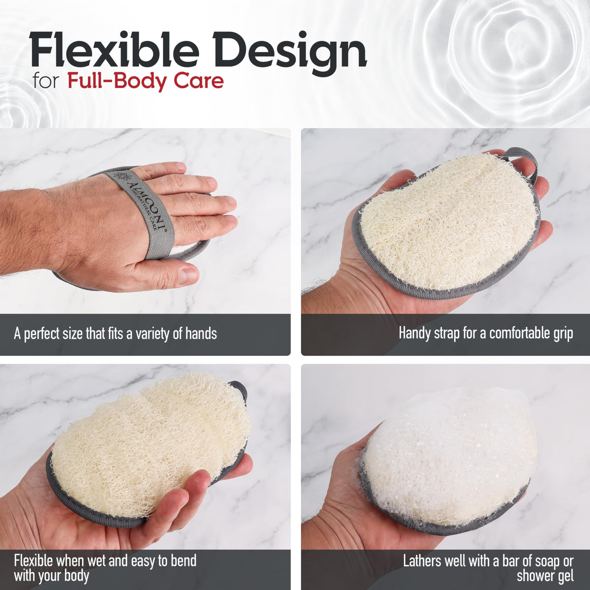 ALMOONI dual-sided pad displaying loofah and terry cloth for two-step cleansing