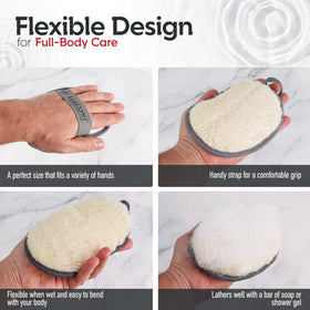 ALMOONI dual-sided pad displaying loofah and terry cloth for two-step cleansing