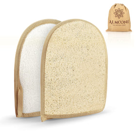 ALMOONI front view of packaged two-pack loofah gloves showing eco packaging advantage