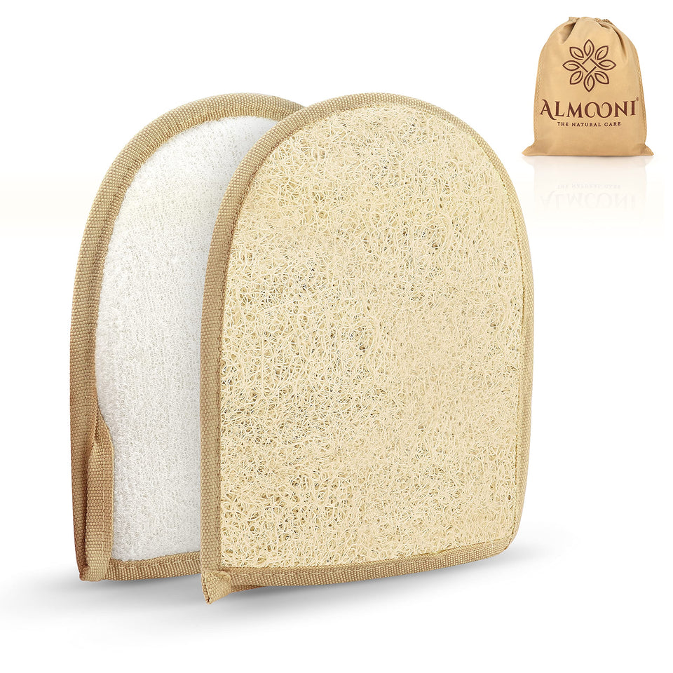 ALMOONI front view of packaged two-pack loofah gloves showing eco packaging advantage