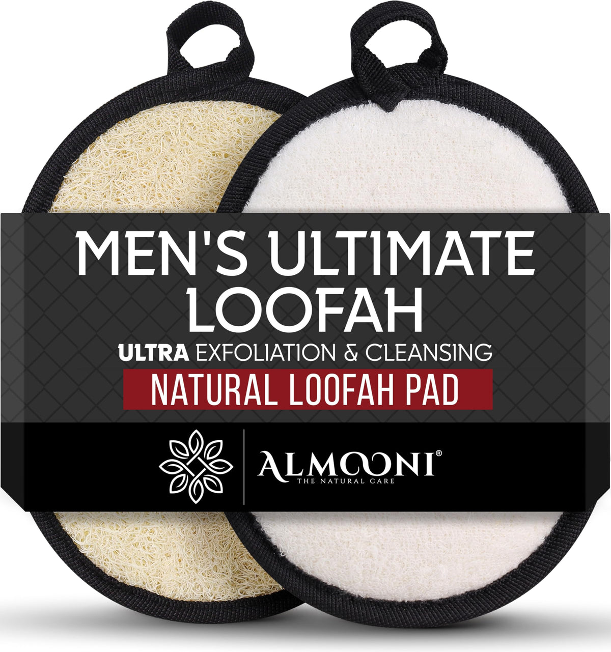 ALMOONI front view of two black loofahs in gift pouch, durable and ready