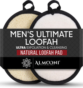 ALMOONI front view of two black loofahs in gift pouch, durable and ready
