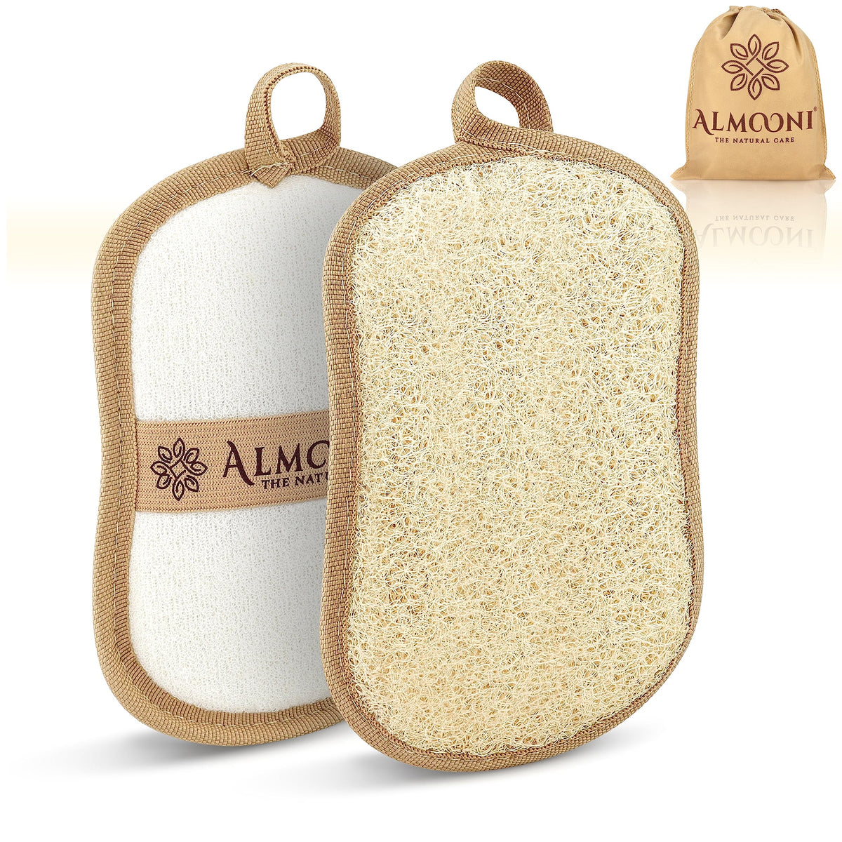 ALMOONI front packaging showing two bow‑tie loofah pads and benefits