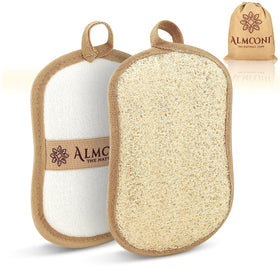 ALMOONI front packaging showing two bow‑tie loofah pads and benefits