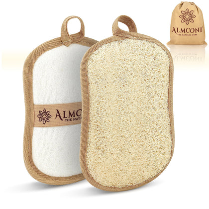 ALMOONI front packaging showing two bow‑tie loofah pads and benefits