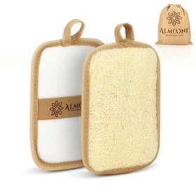 ALMOONI front packaging showing two loofah pads and eco pouch, promotes natural cleansing