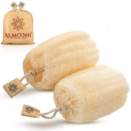 ALMOONI loofah front packaging showing two round sponges and eco benefits