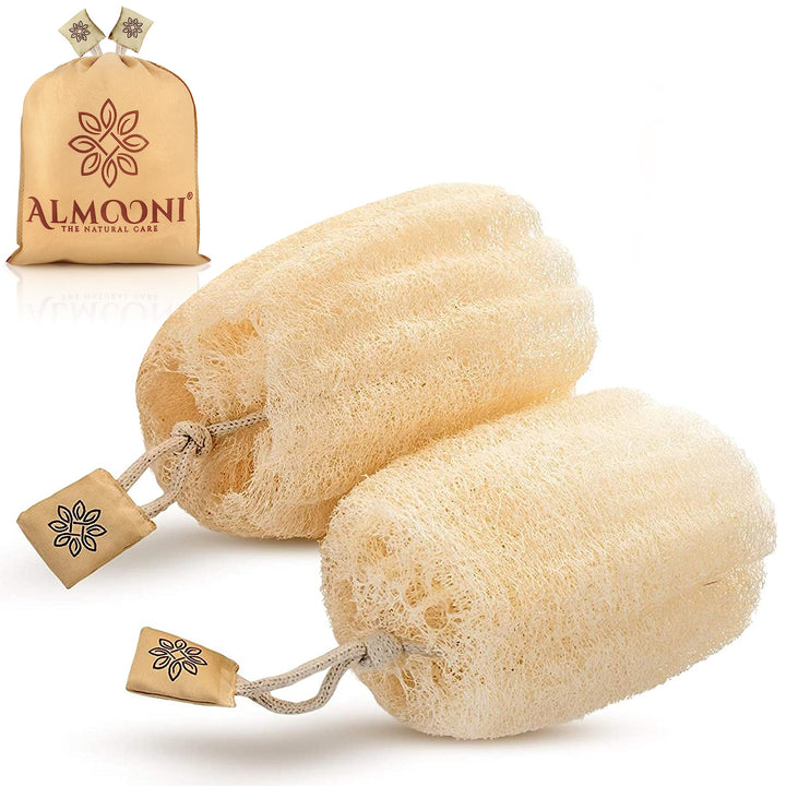 ALMOONI loofah front packaging showing two round sponges and eco benefits