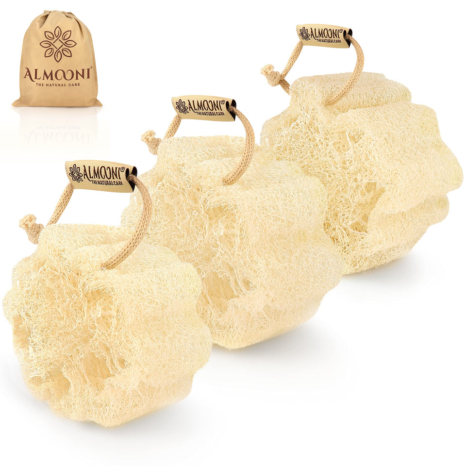 ALMOONI front packaging showing three mini loofahs and eco benefits