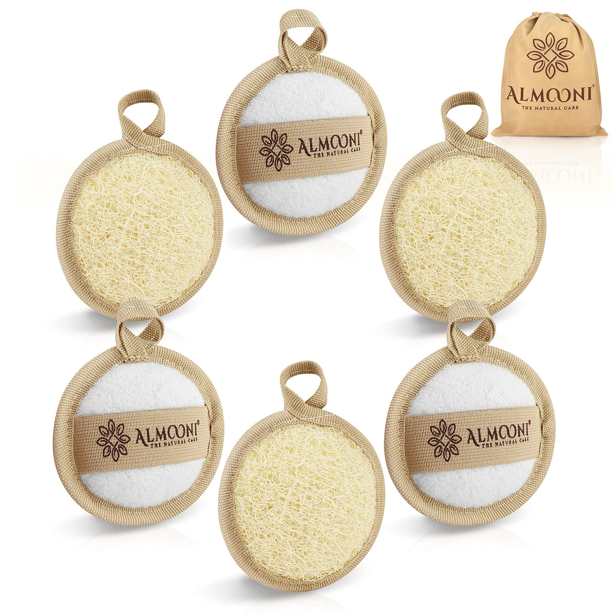 ALMOONI front packaging showing six loofah facial pads and biodegradable box benefits