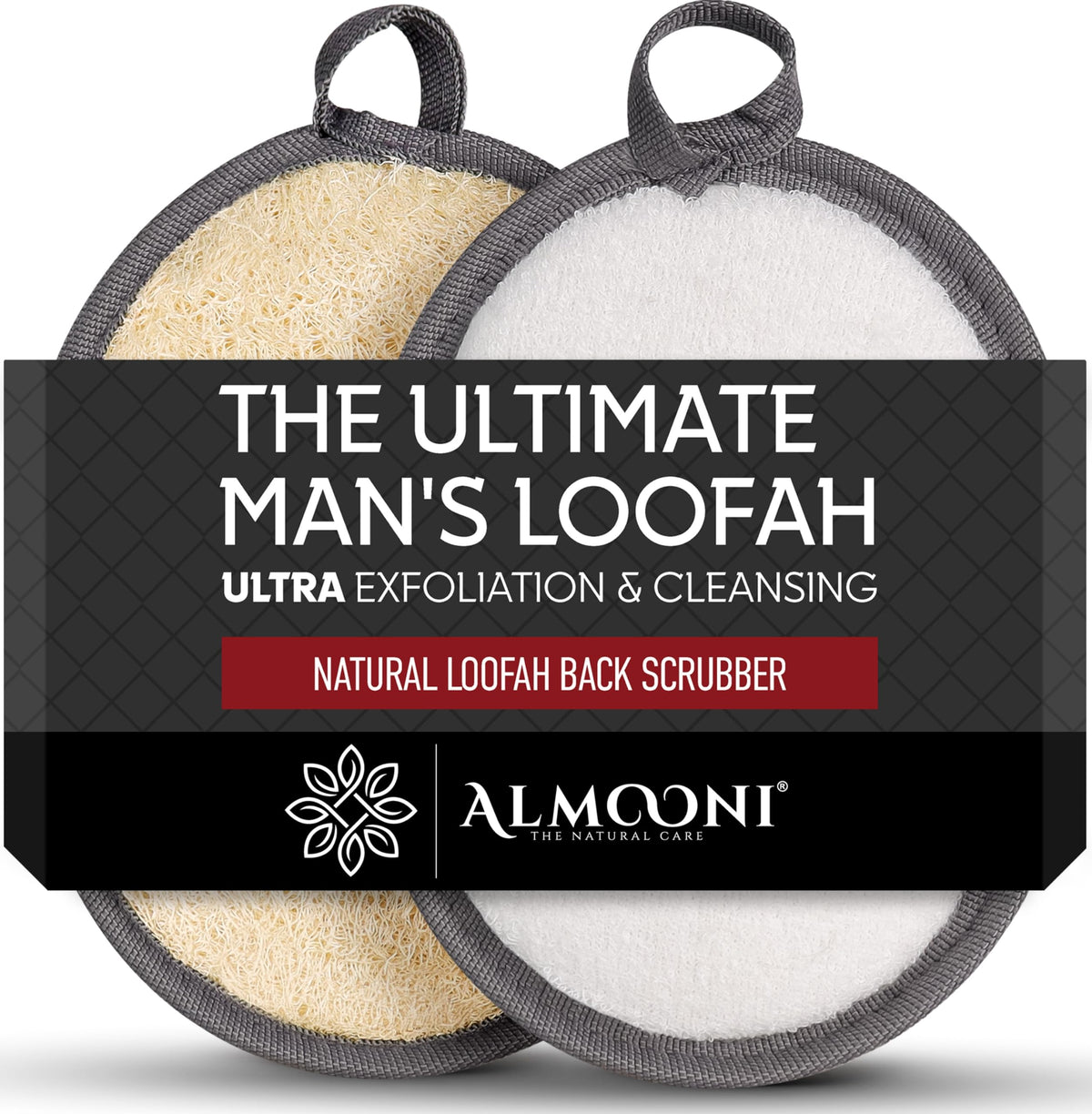 ALMOONI front packaging showing two loofah pads and pouch for easy gifting