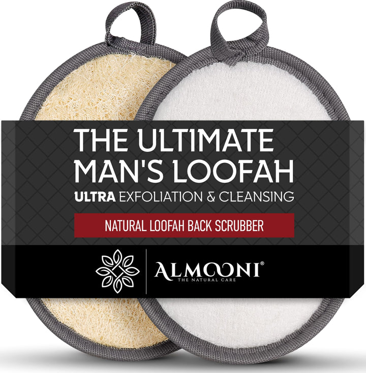 ALMOONI front packaging showing two loofah pads and pouch for easy gifting