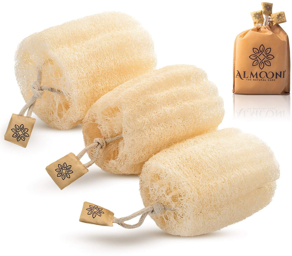 ALMOONI front packaging showing three natural loofah sponges and product benefit
