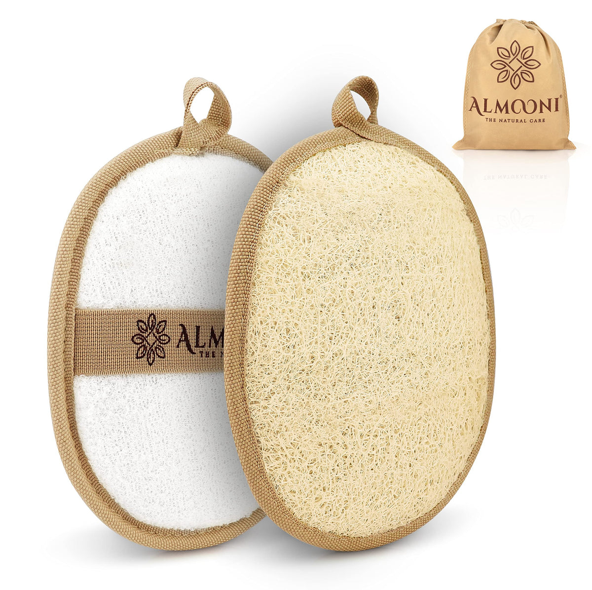 ALMOONI front packaging showing two loofah pads and pouch for easy gifting