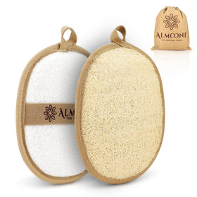 ALMOONI front packaging showing two loofah pads and pouch for easy gifting