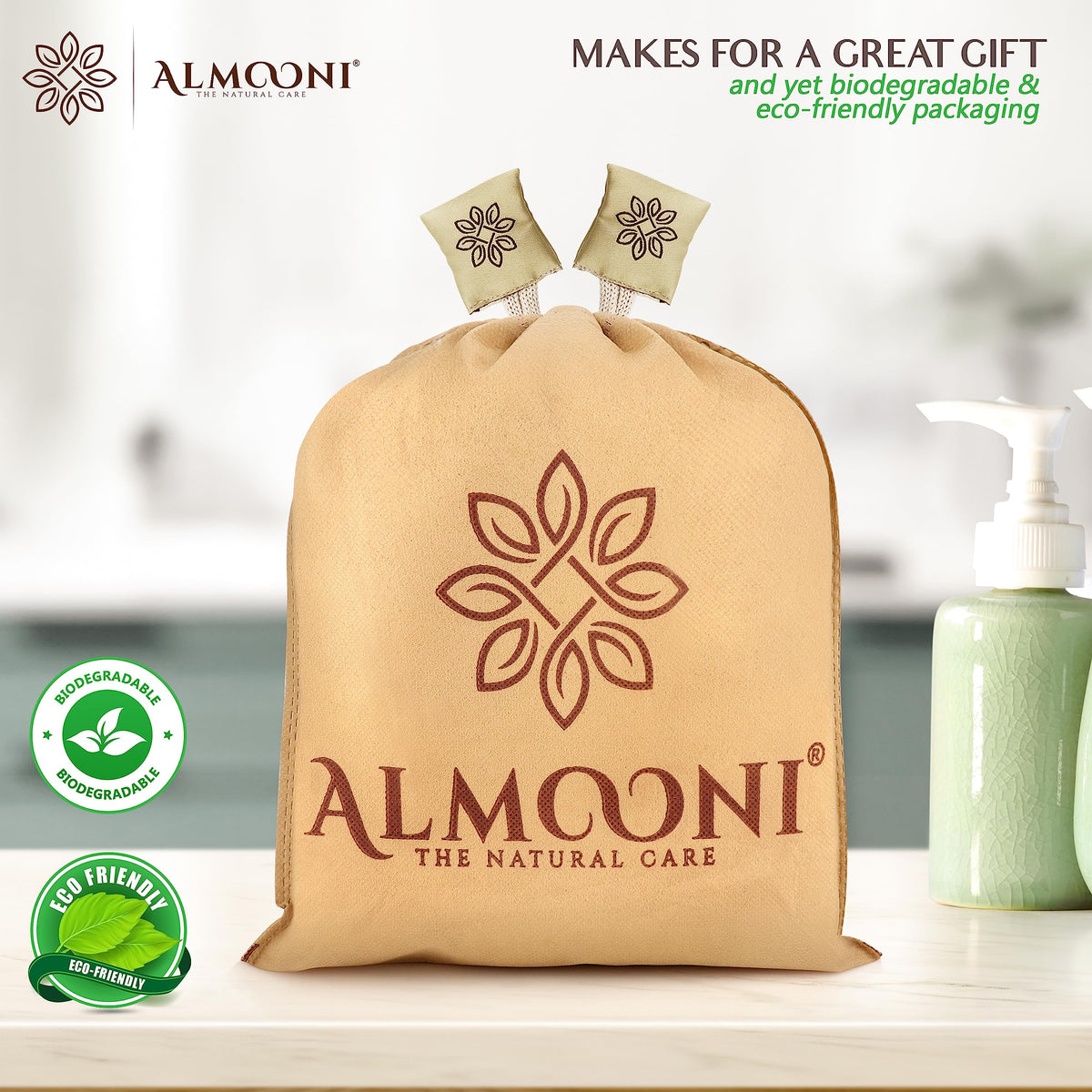 ALMOONI loofah set in gift bag ready for sustainable present giving