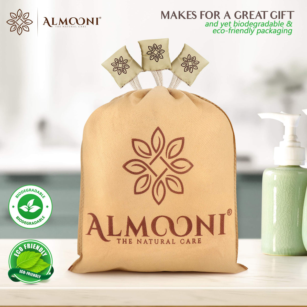 ALMOONI loofahs in a gift bag illustrating thoughtful gifting and presentation