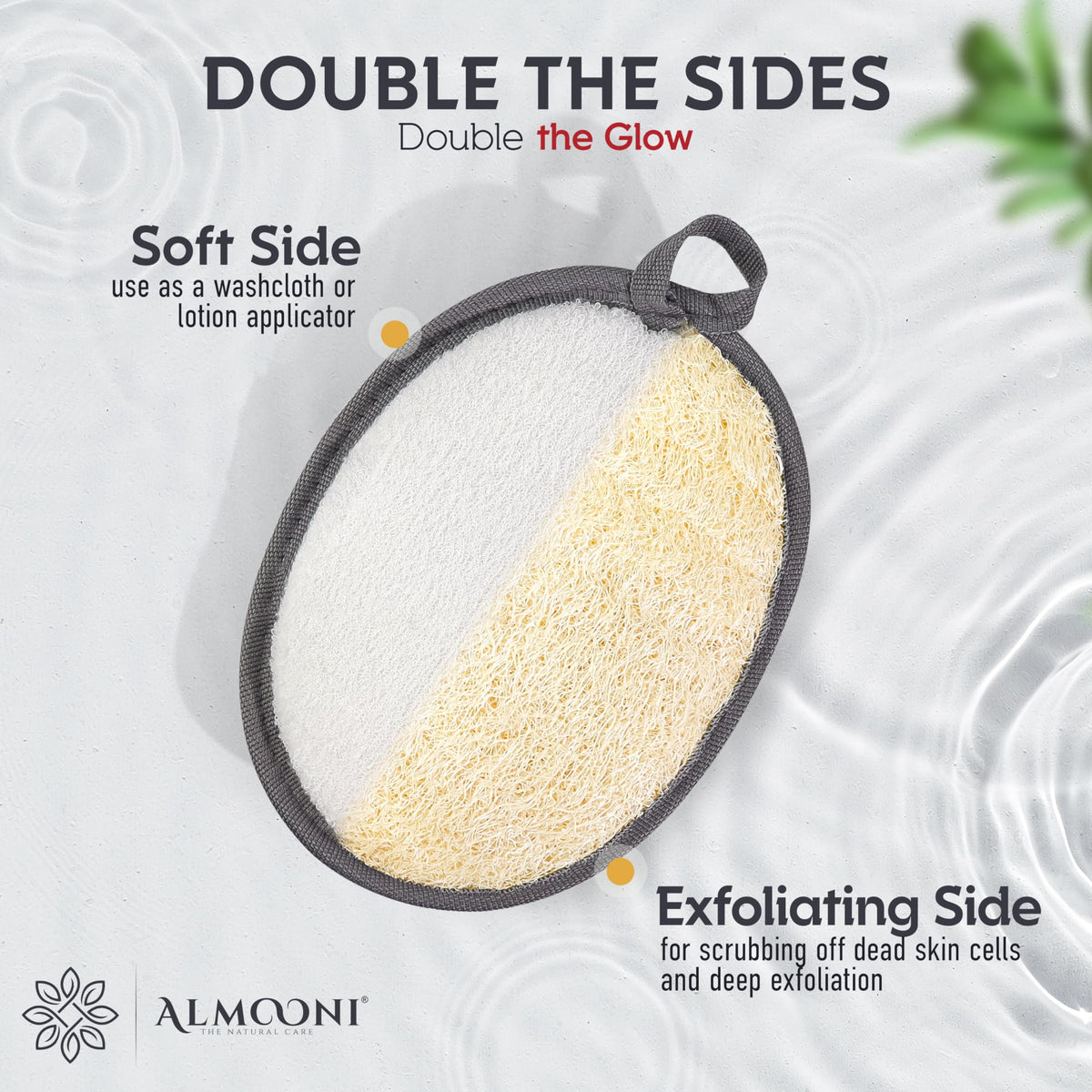ALMOONI pad on hand strap demonstrating secure grip and controlled scrubbing
