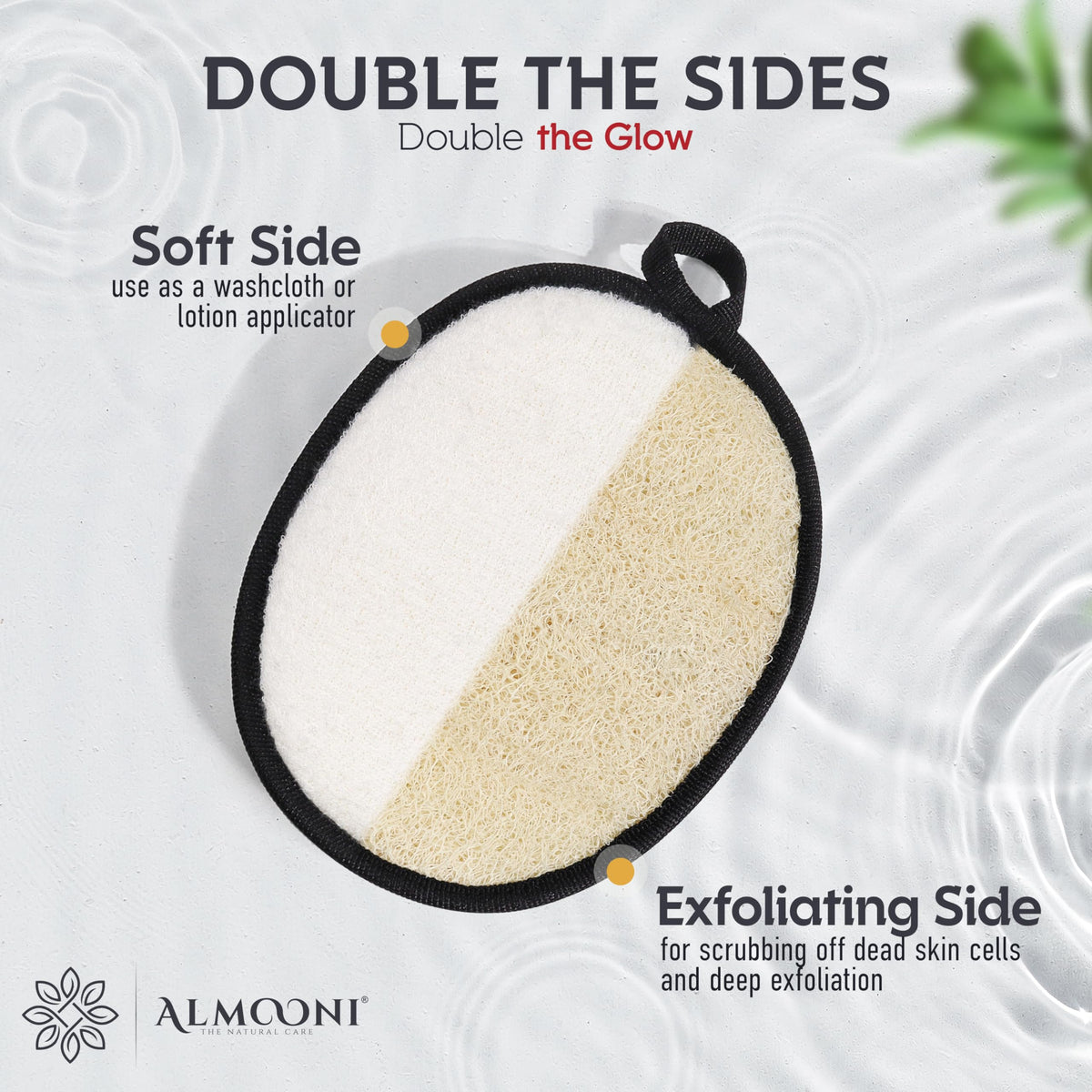 ALMOONI hanging loop on loofah for quick drying and freshness