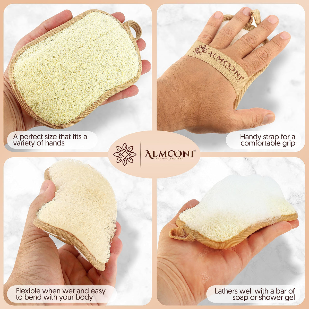 ALMOONI pad secured on hand strap demonstrating stable in‑shower control