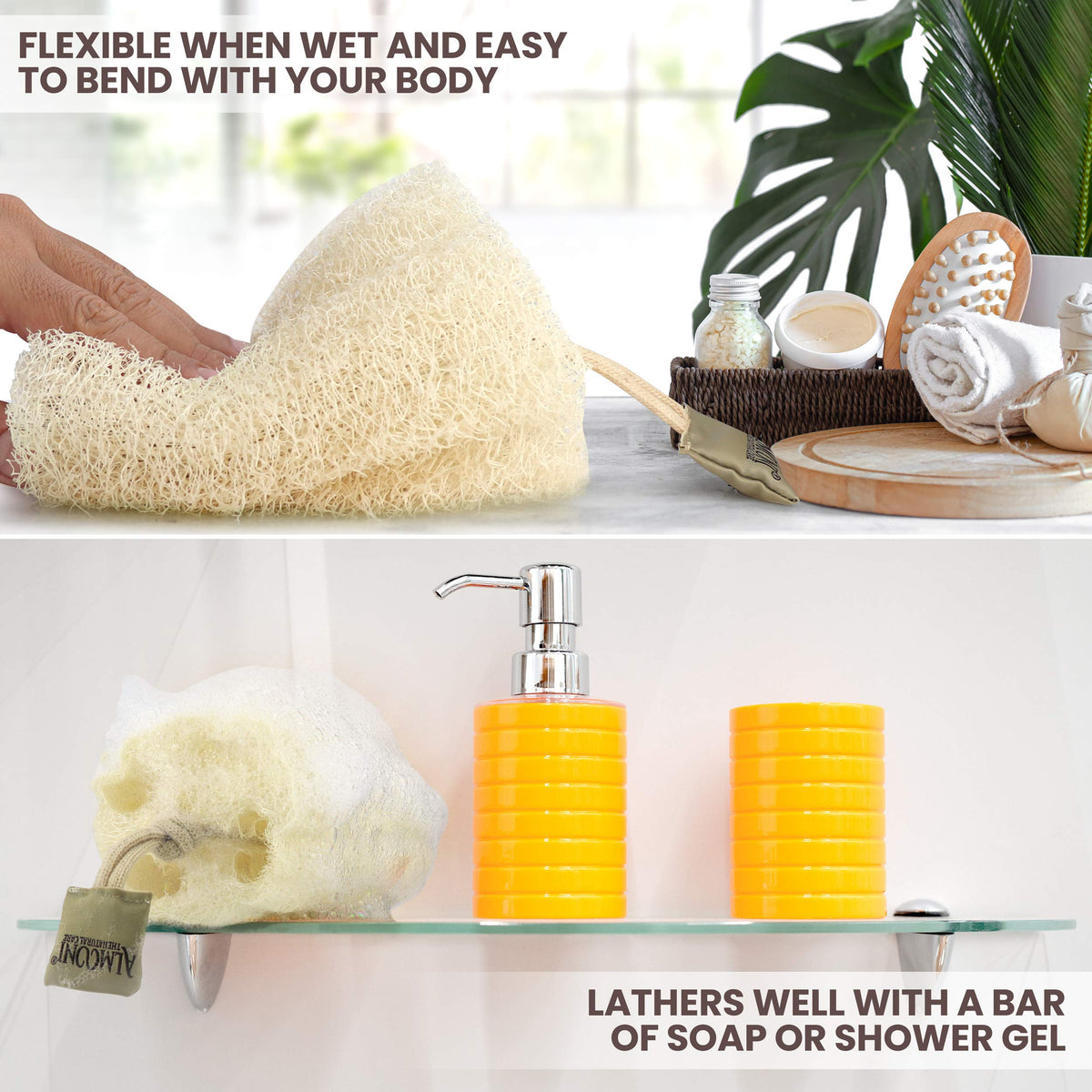 ALMOONI loofah held in hand to show scale and comfortable grip benefit