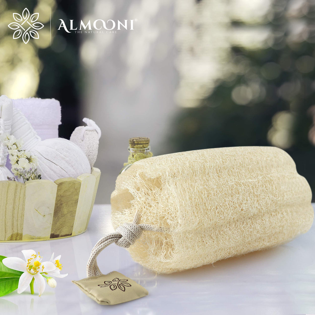 ALMOONI loofah producing rich lather with soap for improved cleansing