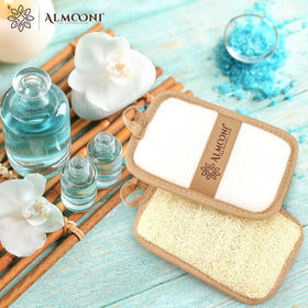 ALMOONI pad in shower scene illustrating practical daily body care use