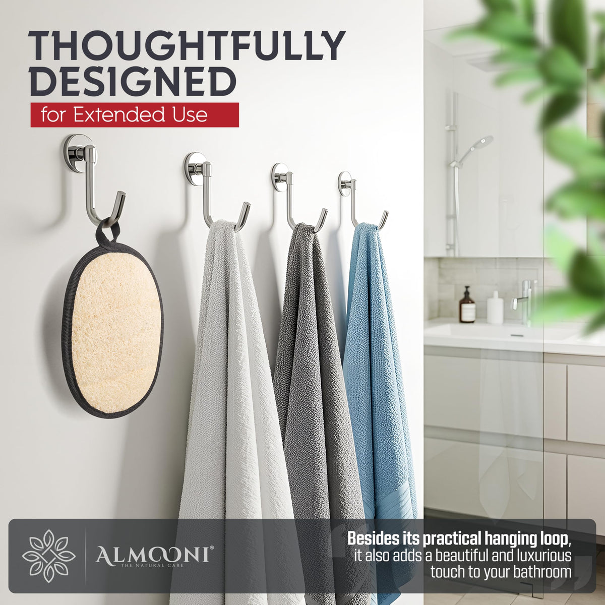 ALMOONI loofah in shower being used on shoulder, practical grooming benefit