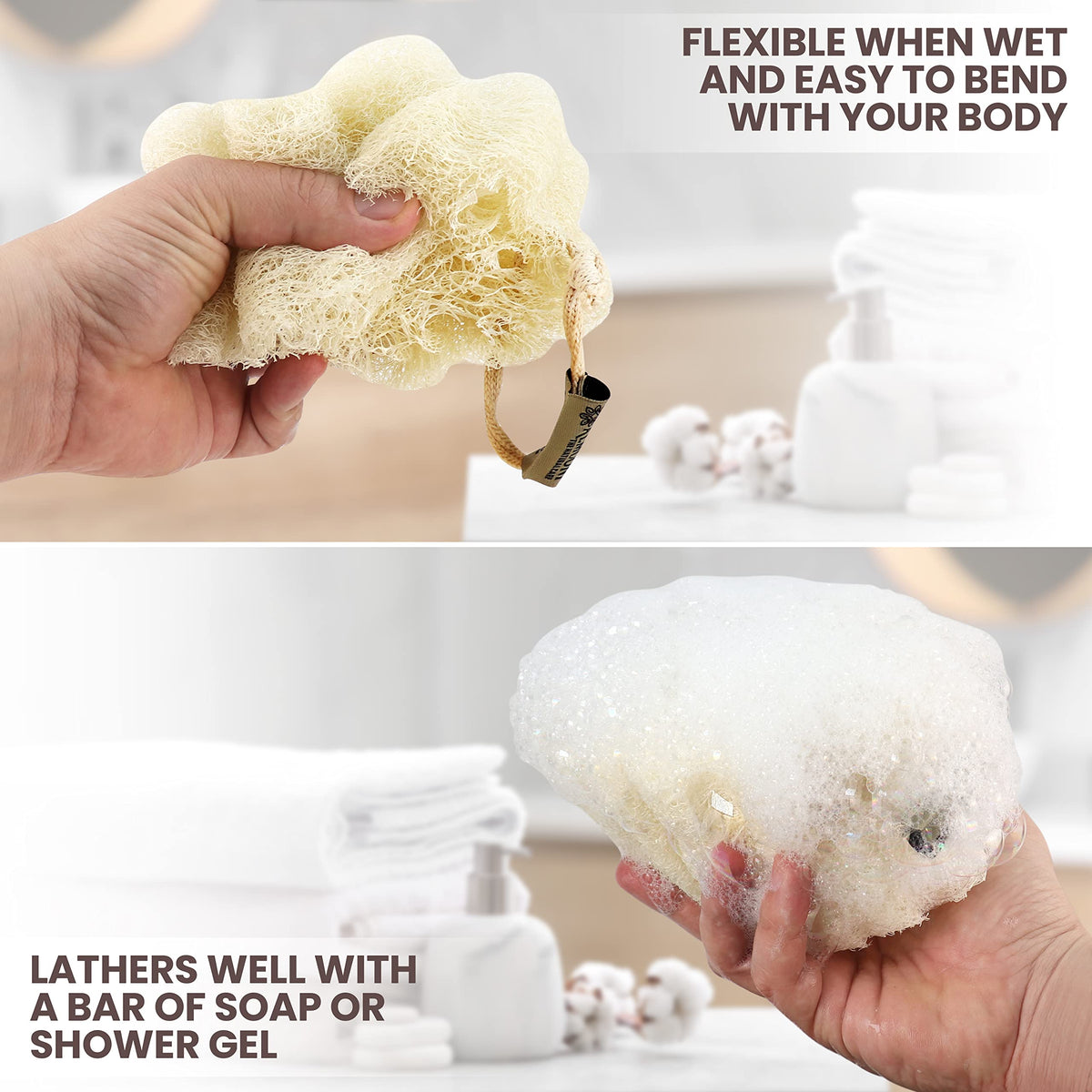 ALMOONI mini loofah held in hand demonstrating easy grip