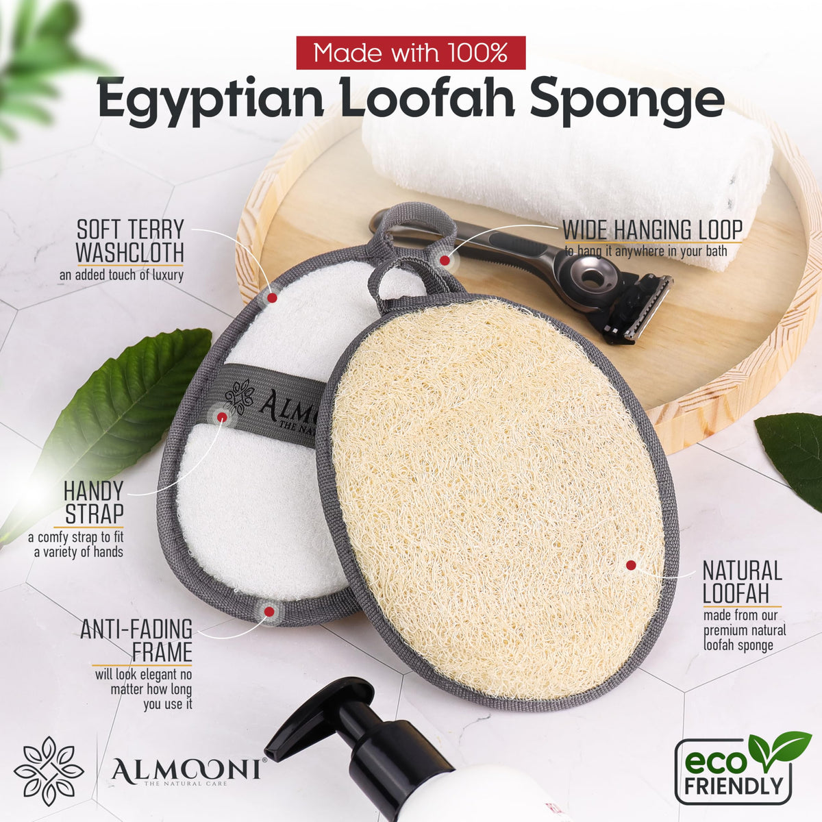 ALMOONI close-up loofah texture highlighting natural fibers for effective exfoliation